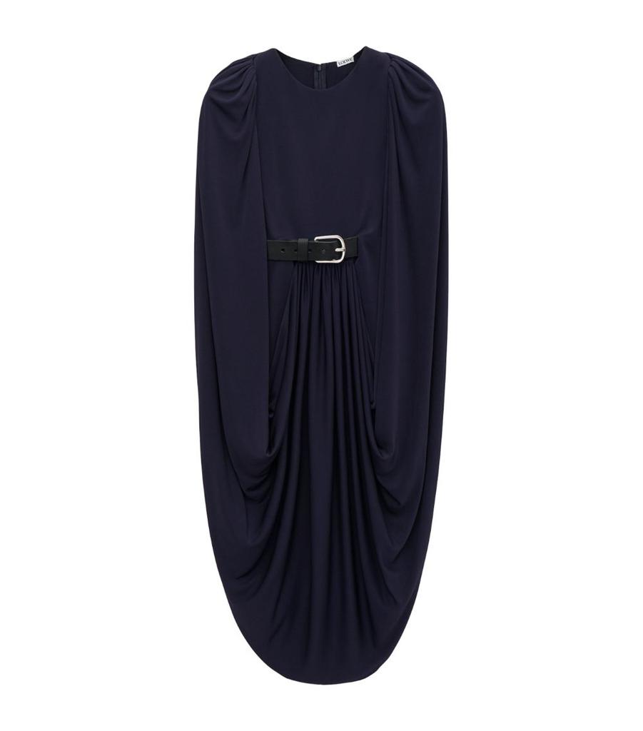 로에베 (LOEWE) Draped dress in viscose / Belted Cape Midi Dress - Midnight Blue