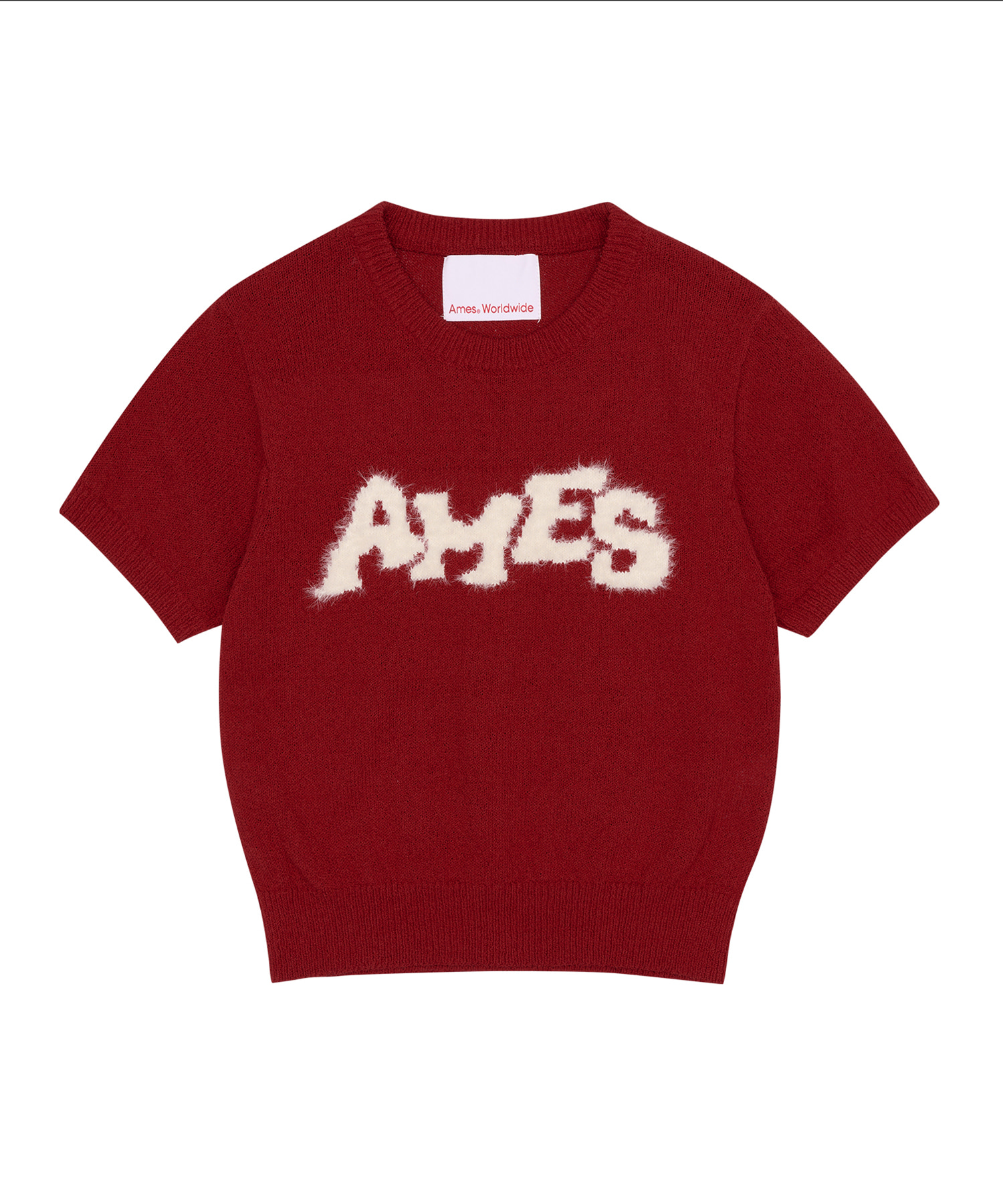 레드 바탕의 크루넥 반팔 니트. 가슴 중앙에 크림색 헤어리 'AMES' 레터링이 들어가고 네크·소매·밑단은 립 마감