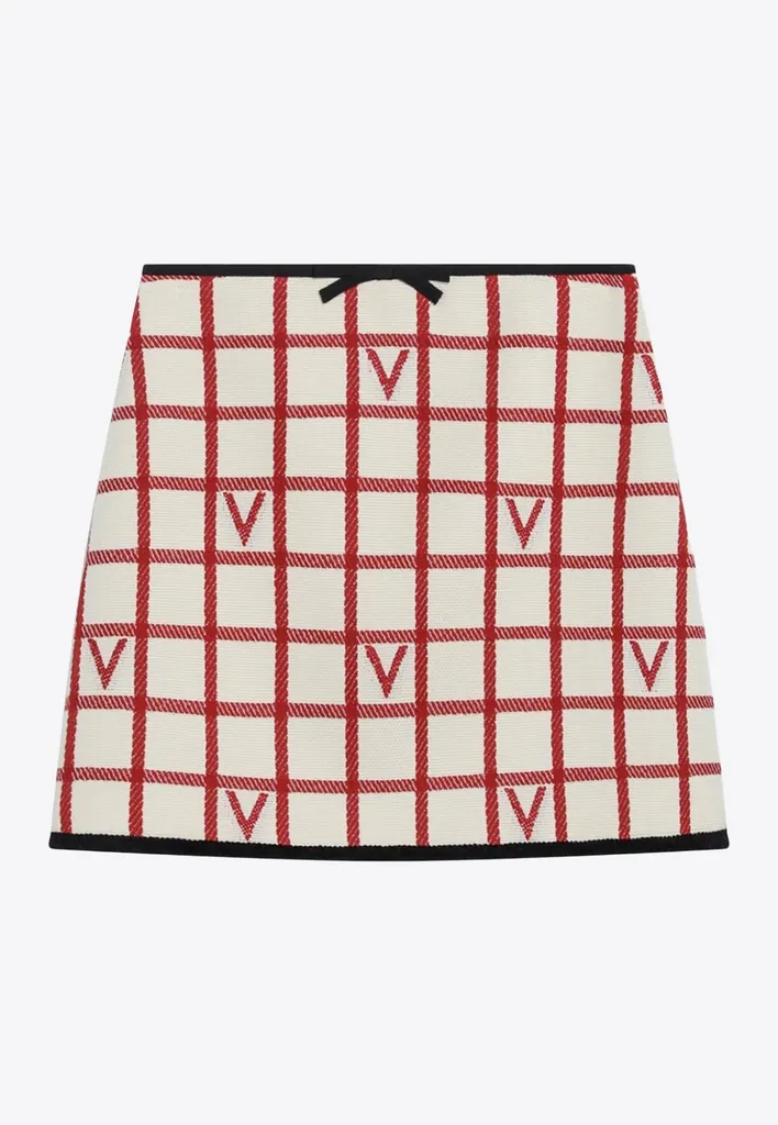 발렌티노 (VALENTINO) VLogo 체크 울 코튼 미니스커트 (아이보리/레드, 7B3RADJ49JN)