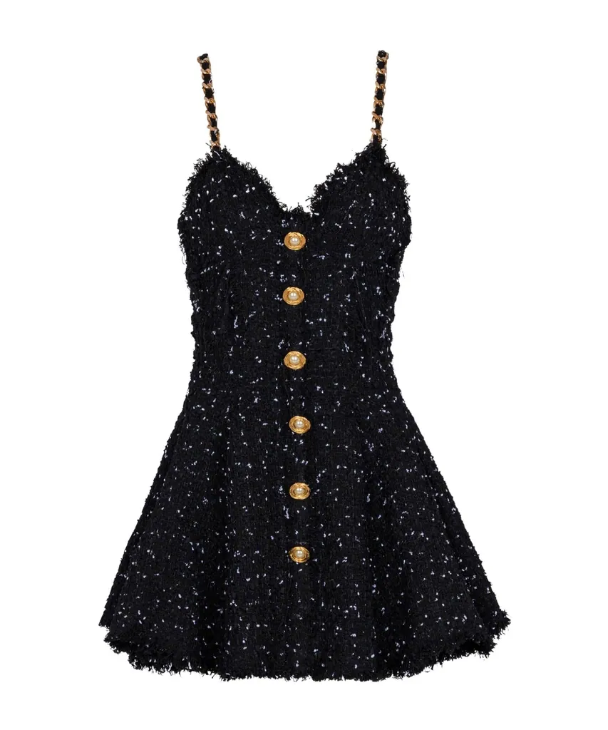 발망 (BALMAIN) Strappy Polka Dot Tweed Dress - Black (EAB)