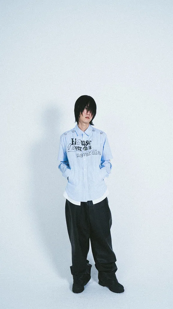 하우스네버다이즈 (HOUSE NEVER DIES) DOUBLE LAYERED POCKET STRIPE SHIRT BLUE