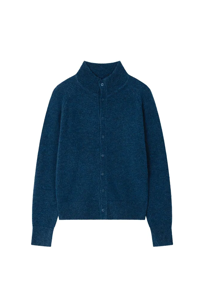 웨이비니스 (WAVINESS) High-Neck Snap Mohair Cardigan - Blue
