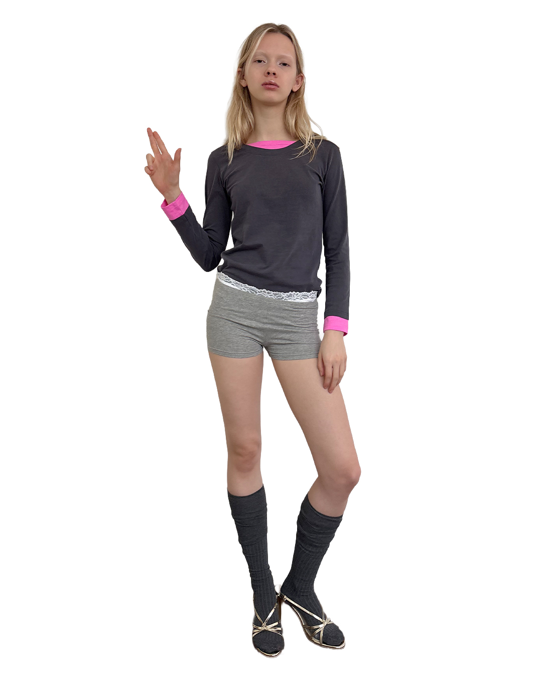 저스트하우스 (JUSTHAUS) DOUBLE LAYER LONG SLEEVE TOP, CHARCOAL NAVY (JUST10TS_02)