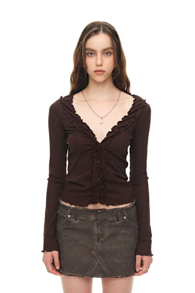 투머치택스 (TOOMUCHTAX) FRILL TRIM V-NECK CARDIGAN (BROWN)