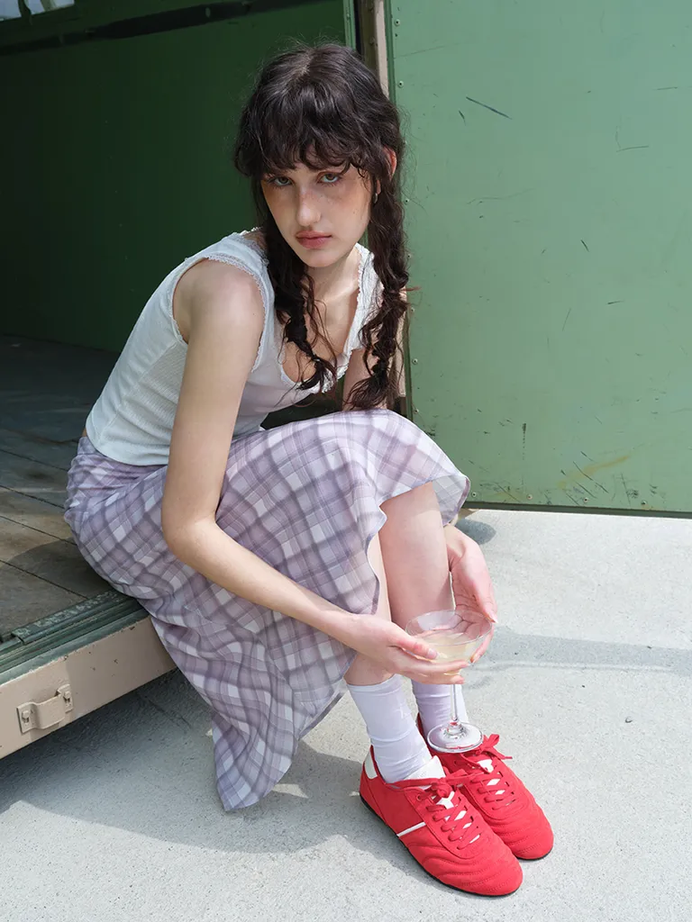 에트몽 (ETMON) Check Midi Skirt Pink