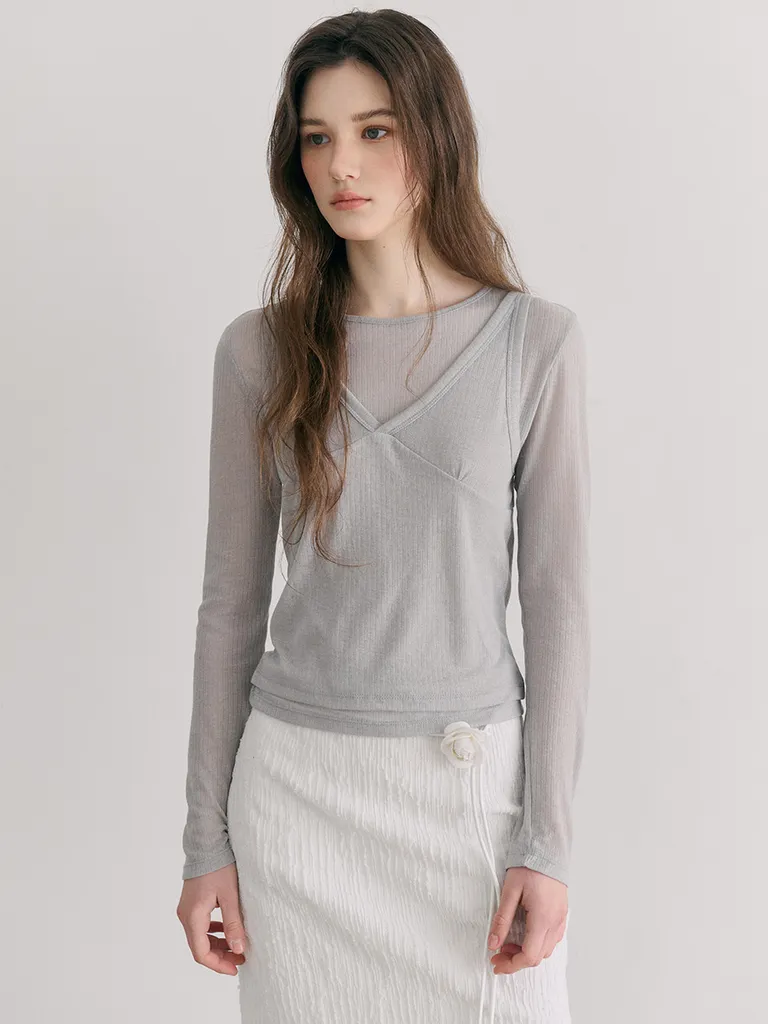 에트몽 (ETMON) Ribbed Layered T-Shirt SET Light Grey