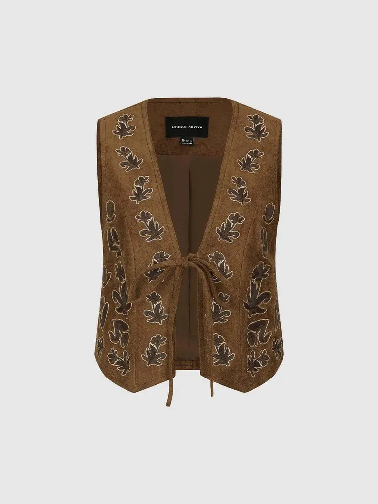 어반리바이보 (URBAN REVIVO) Brown Embroidered Leaf Pattern Tie Belt Vest (UWH160059)