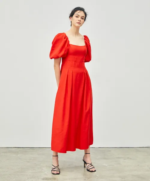 Stitched Puff Sleeve Maxi Dress Red (20SSOP02)