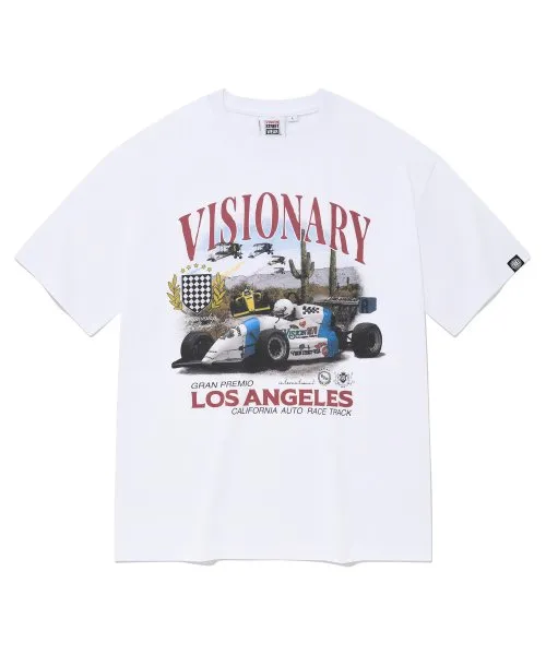 화이트 반팔티. 가슴 VISIONARY LOS ANGELES 레이싱카 프린트