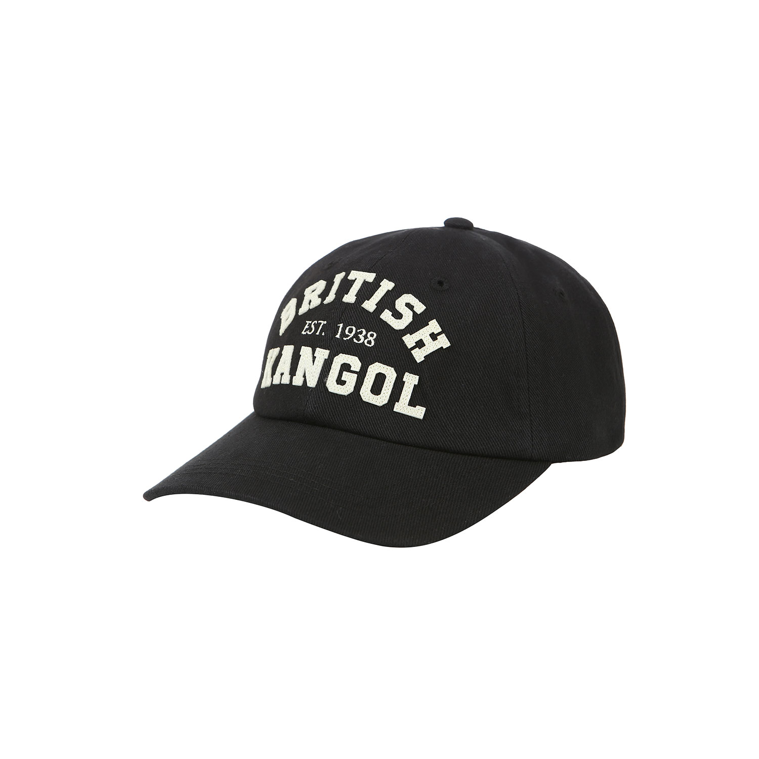작업복 미션 구간에서 쓴 블랙 볼캡. 정면 아이보리 아치형 'BRITISH EST. 1938 KANGOL' 아플리케