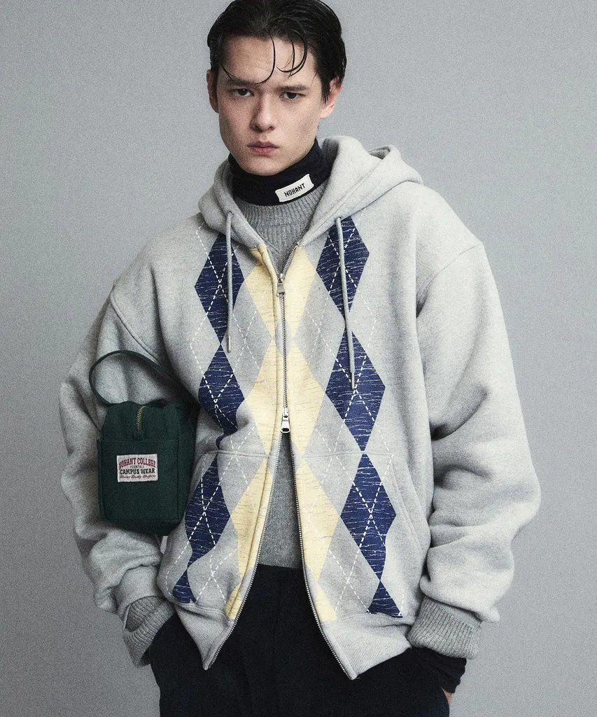 노앙 (NOHANT) HEAVYWEIGHT ARGYLE HOODIE ZIP-UP GRAY (0NHQ3SW00906)