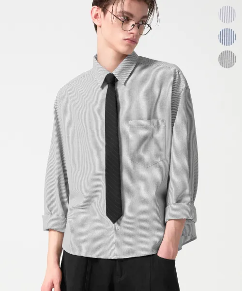 에센셜 옥스포드 크롭 스트라이프 셔츠 (라이트 그레이)