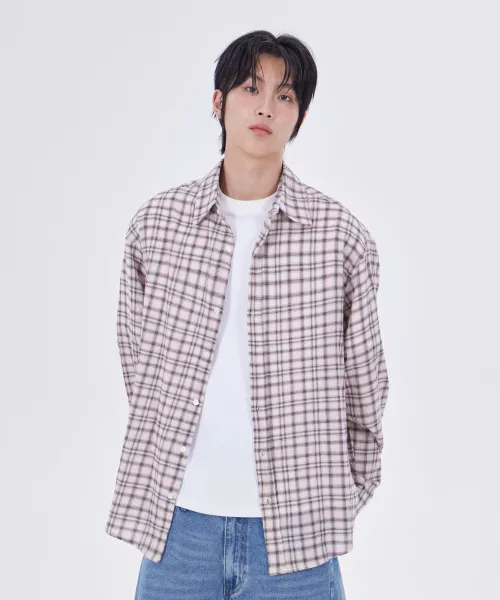 이지 오버핏 체크 셔츠 핑크