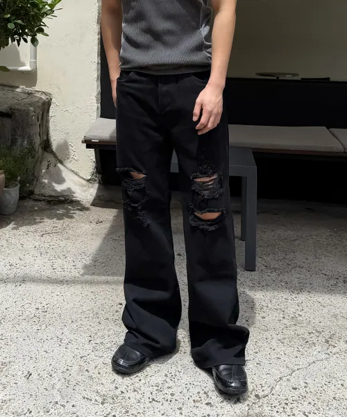 Wide Flare Damage Jeans (Black)