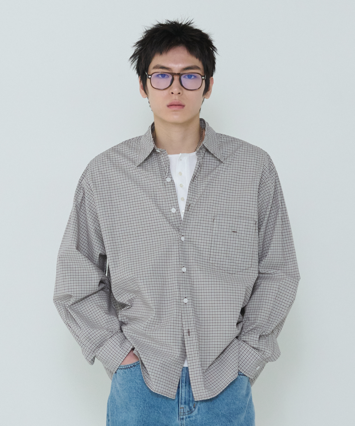 더씽인데어데어 (THE THING IN THEIR THERE) Shift Multi Check Shirt Brown (2YKSSH0005BR)