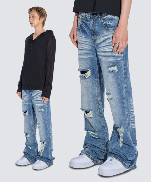 WASHED DAMAGE DENIM FLARE PANTS (WASHED BLUE)