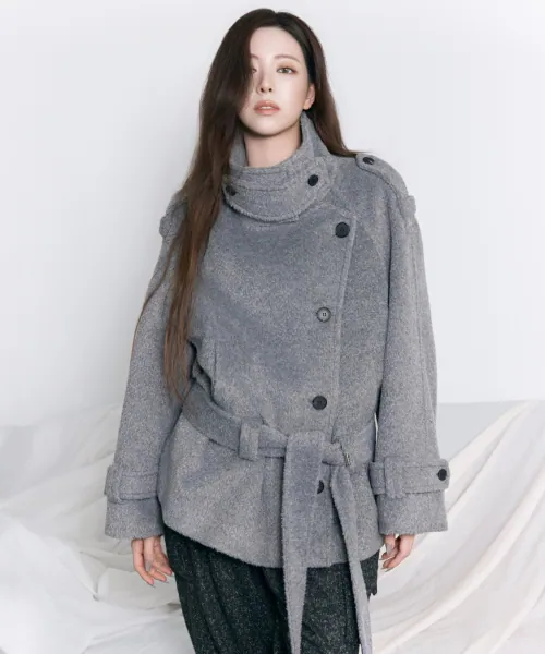 High-Neck Convertible Belted Half Coat [ Gray ]