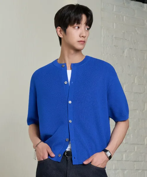 SS 워셔블 루즈핏 하찌 반팔 니트 가디건 (코발트블루)