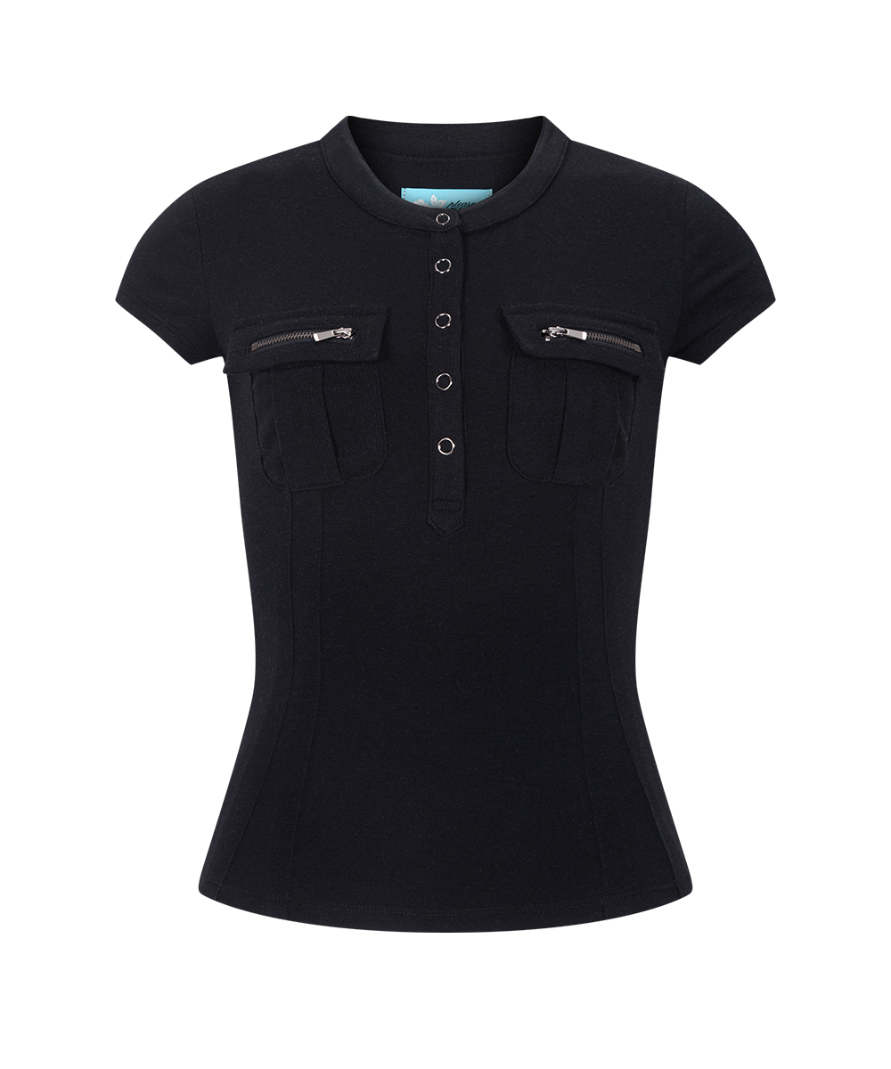플리즈노팔로우 (PLEASENOFOLLOW) Pansy Pocket Button Short Sleeve Top (Black) PNBFTP048BK