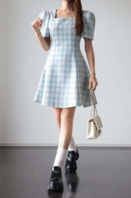 매더빈티지 (Madder vintage) puff sleeves gingham check retro midi dress / blue