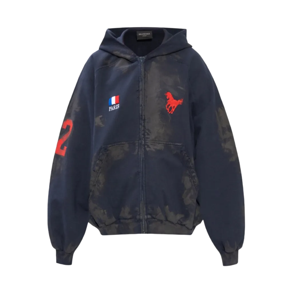 발렌시아가 (BALENCIAGA) Paris Vintage Logo 22 Zip-Up Hoodie Dark Navy (720425TNVK74100)