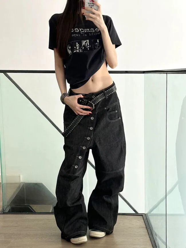 디엔디포디스 (DND4DES) Raw Denim Baggy Jeans with Button Fly (Curved Button-Up Baggy Jeans)