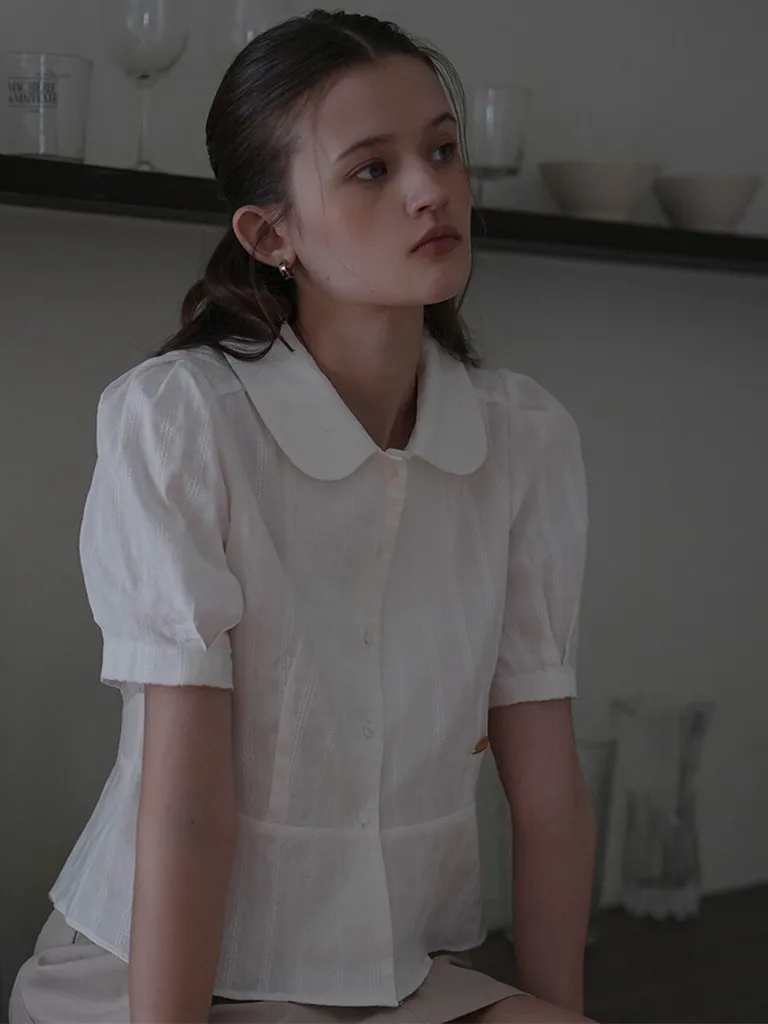 Round Collar Jacquard Blouse [White]