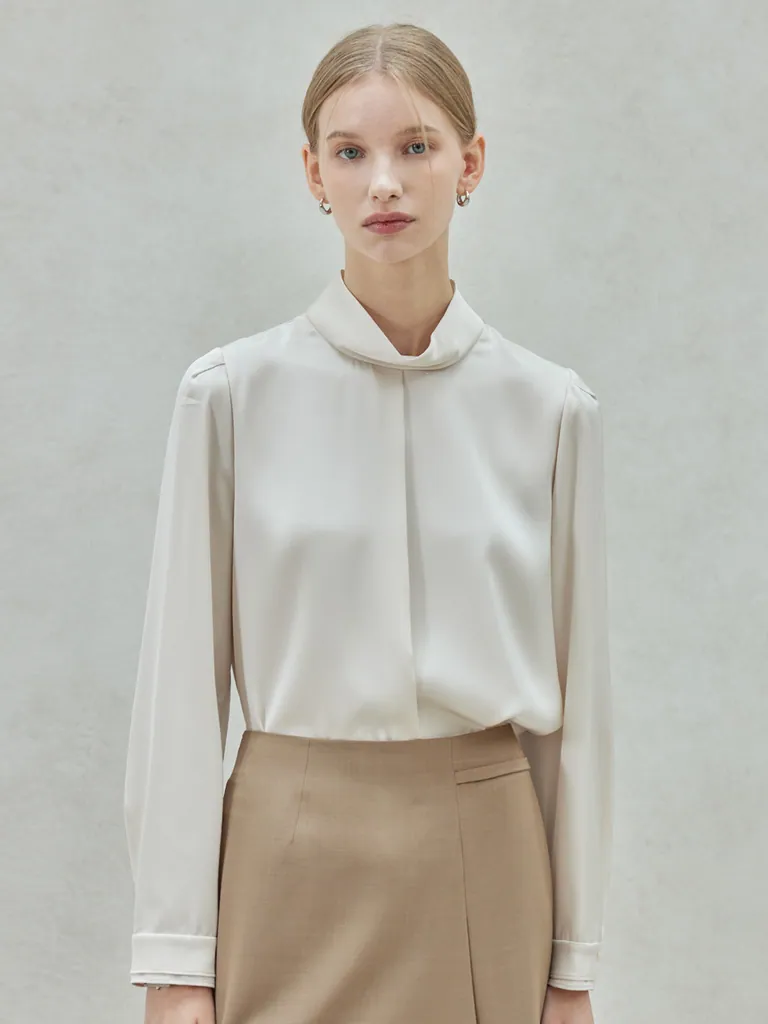 High-neck Satin Blouse - Cream Beige (HAIW11010)