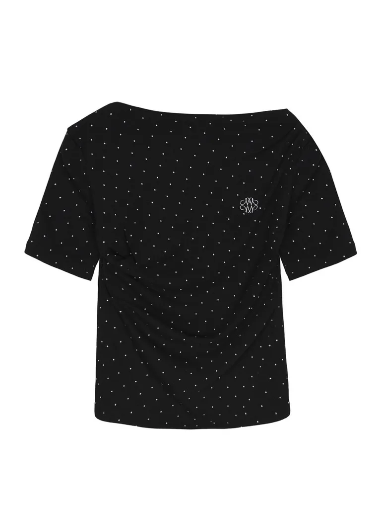 DOT HALF SHIRRING DRAPE BOAT NECK TOP_BLACK