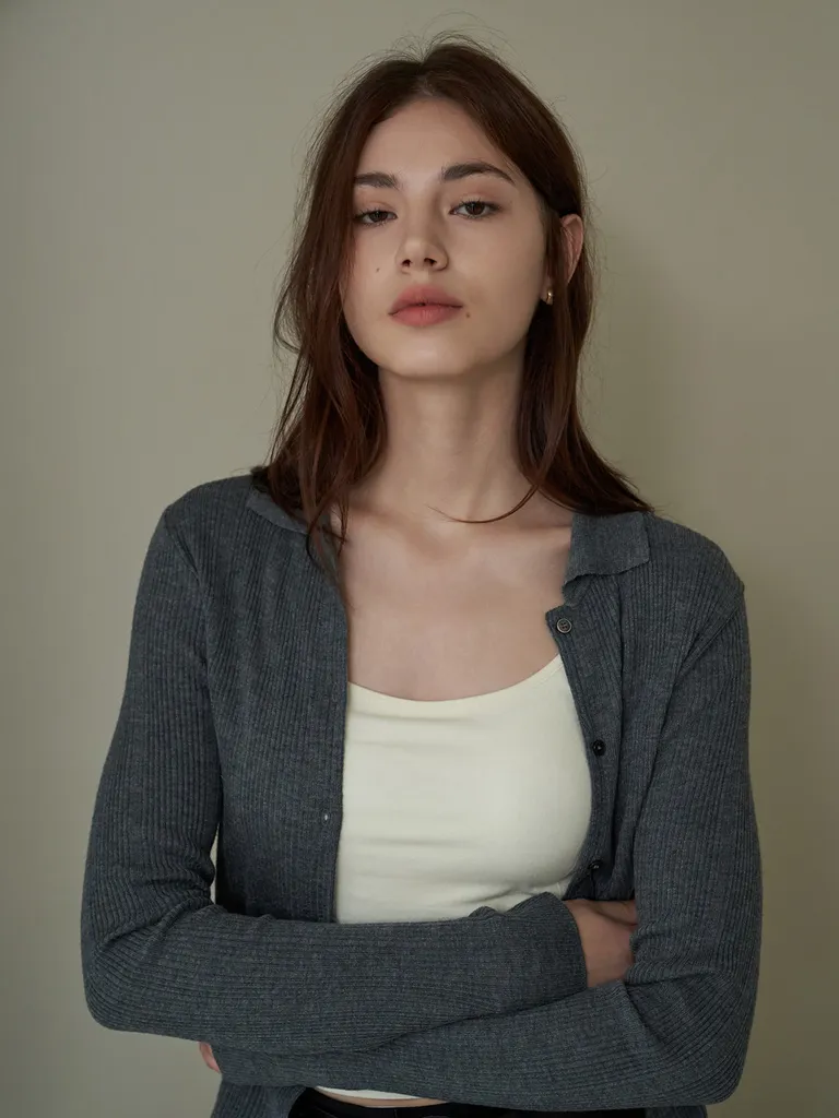 Silk Blend Ribbed Knit Cardigan_Charcoal