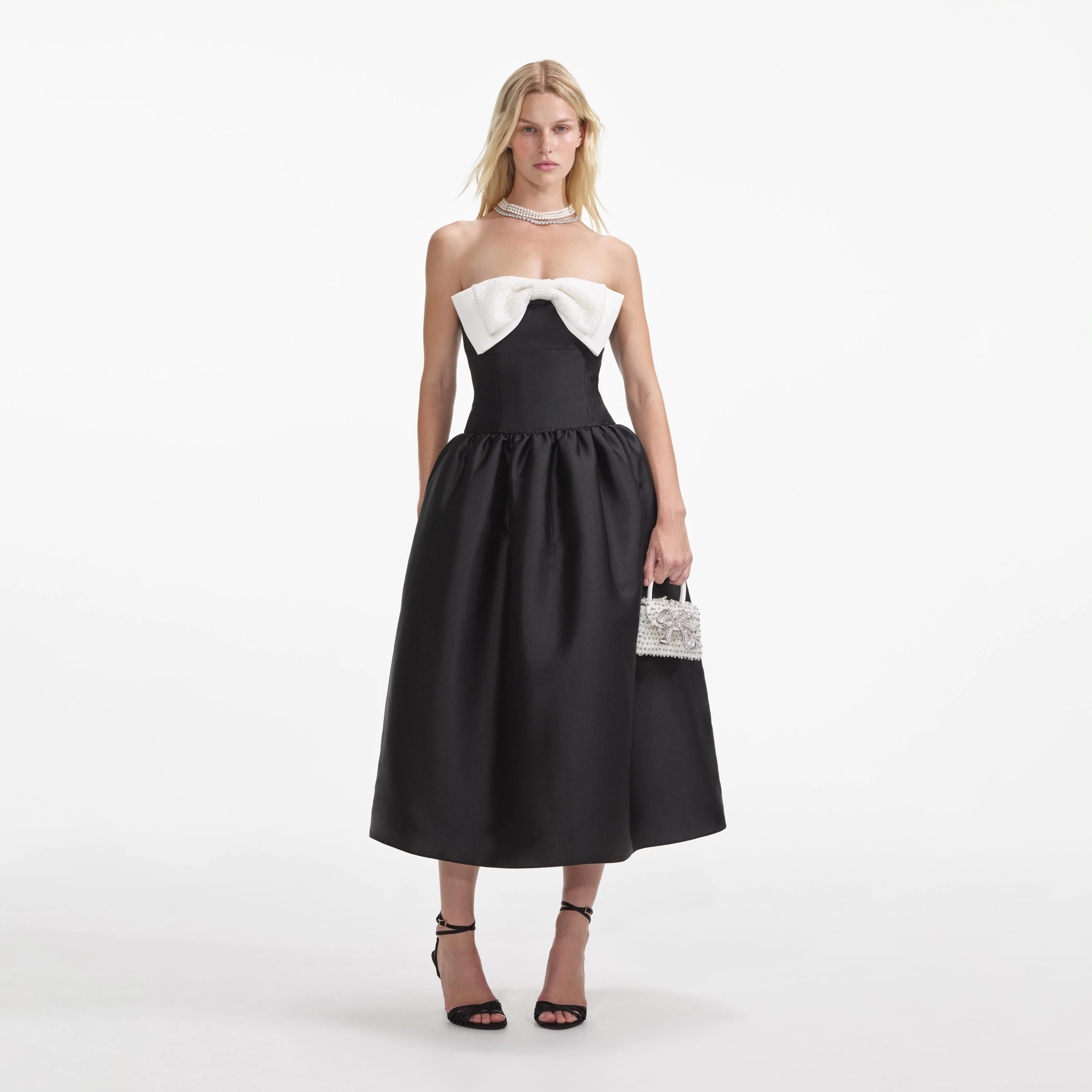 셀프포트레이트 (SELF-PORTRAIT) Black Taffeta Contrast Bow Midi Dress (RS25049MB)