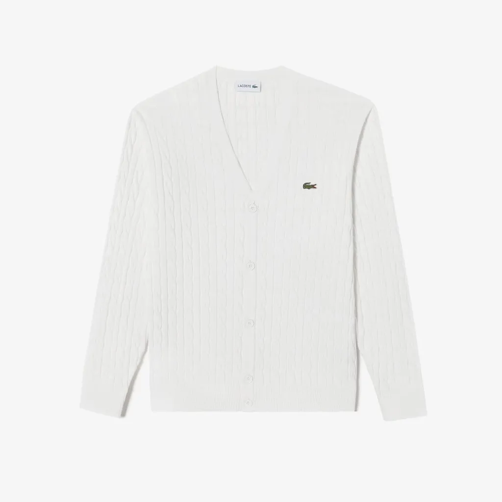 라코스테 (LACOSTE) 케이블 꽈배기 소매팁 면 가디건 AH122E-54G 화이트