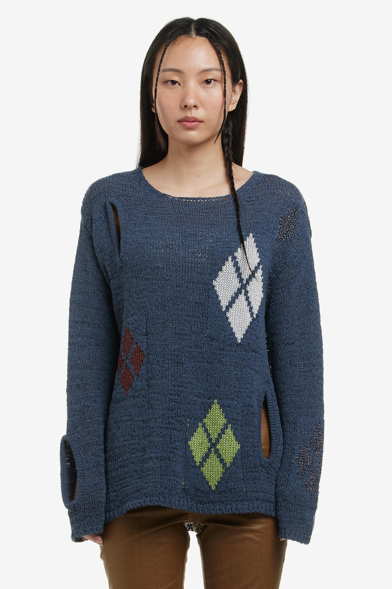 OPEN YY ARGYLE CUT-OUT KNIT PULLOVER