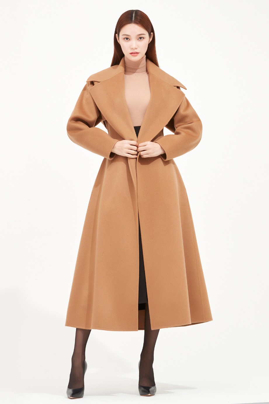 아보아보 (avouavou) CASHMERE BLEND BELTED FLARE COAT (CAMEL)