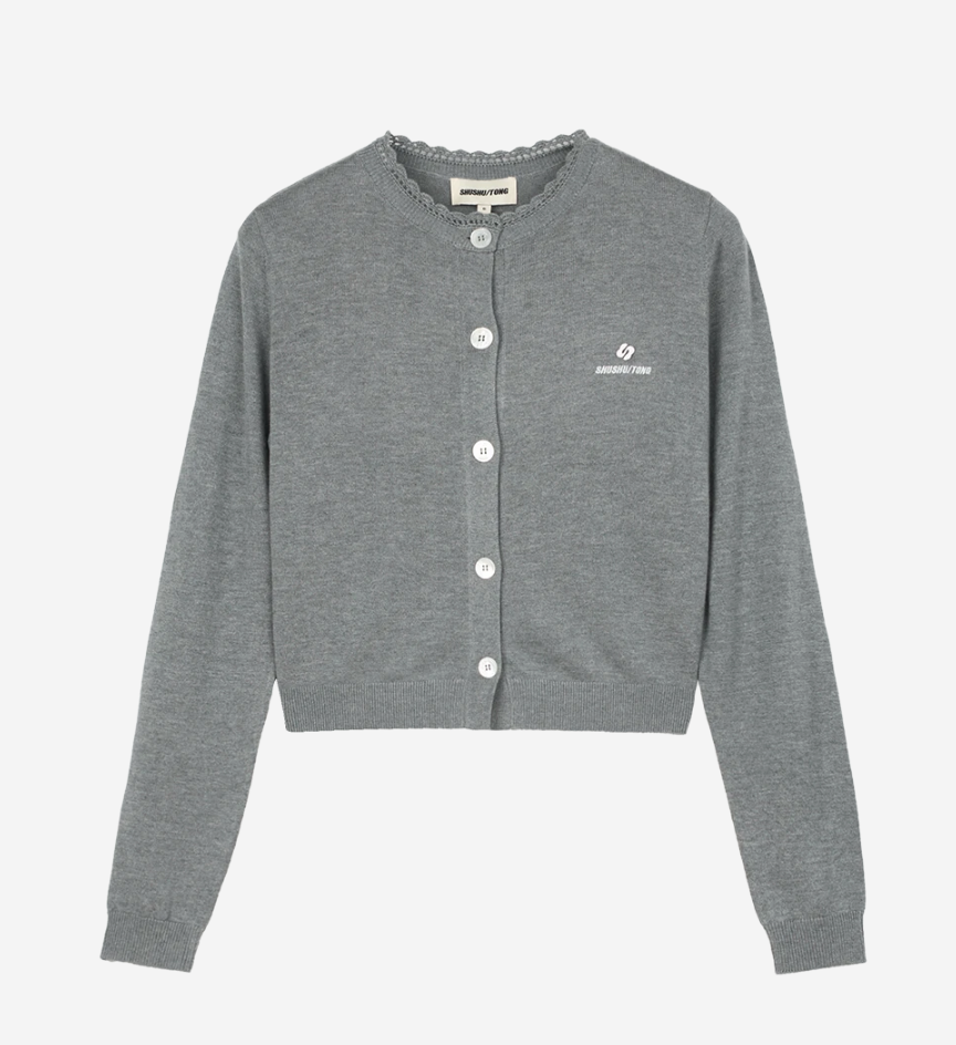 슈슈통 (SHUSHU/TONG) Logo-Stitch Knit Cardigan (Grey)